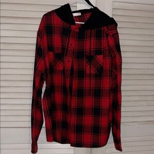 Red and Black Plaid Lightweight Shirt Jacket with Hood